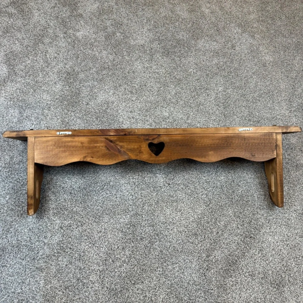 Vintage Cottagecore Farmhouse Rustic Pine Wood Wall Shelf Scalloped Heart Cutout
